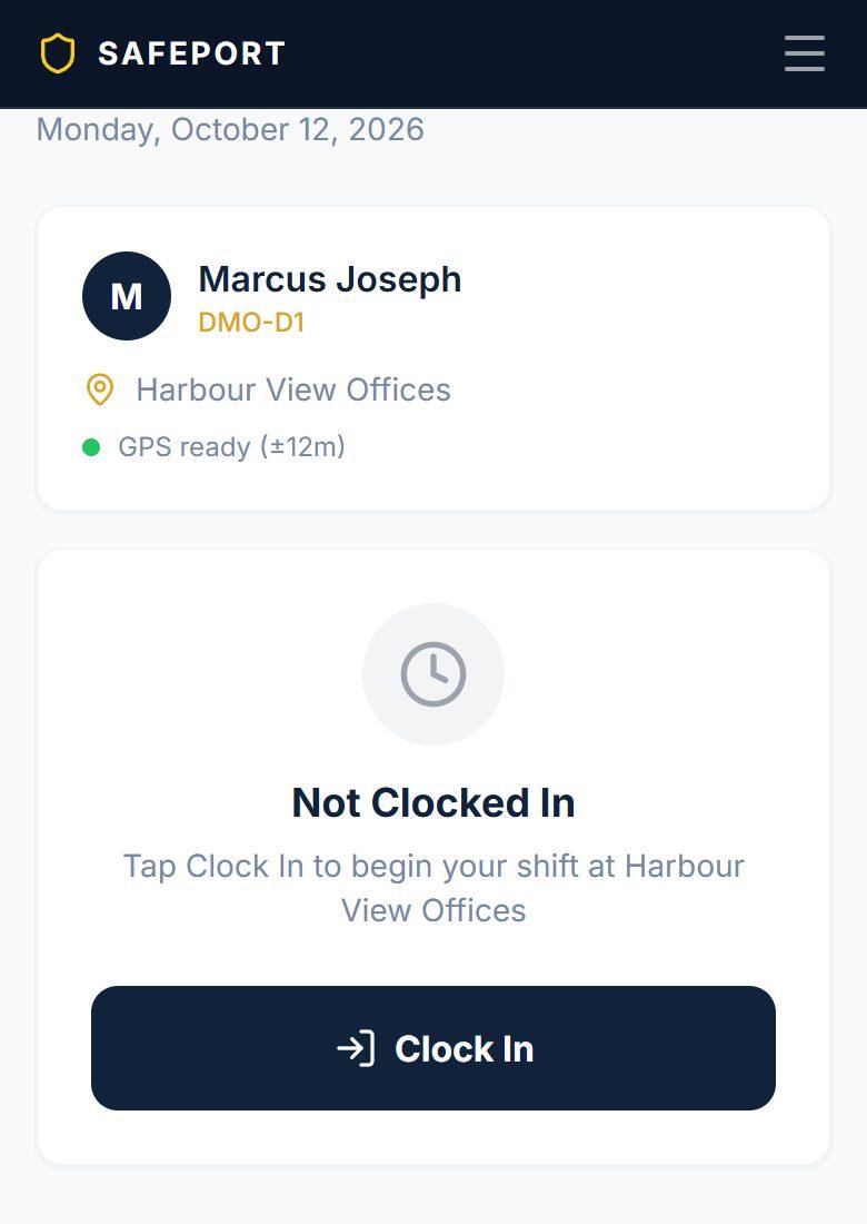 Guard view: Clock in at the site (sample data)